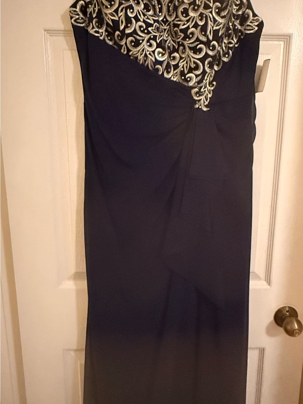 David's Bridal Navy Maxi Dress with Gold Embellished Bodice